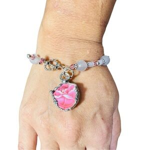 Vintage Pink Rose Quartz Bracelet with Broken China Charm Cabochon